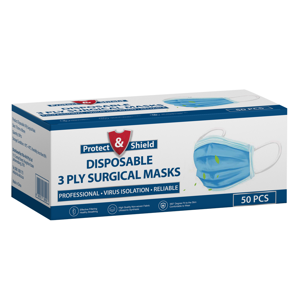 Protect & Shield™ 3 Ply Disposable Surgical Grade Masks 50-pack